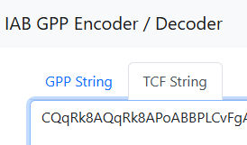 IAB GPP tool with TCF String tab selected